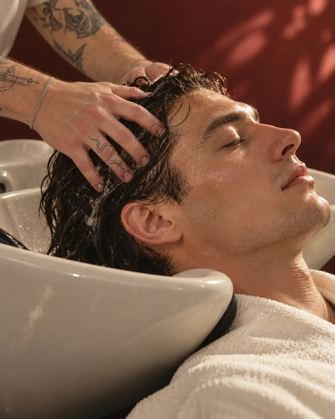 A professional scalp massage at a wash basin